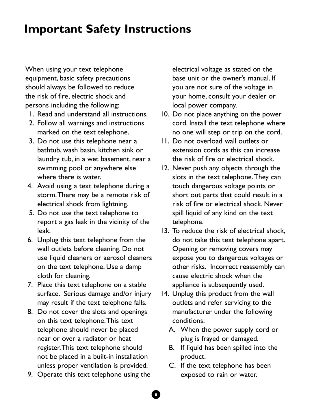 Ameriphone Q90D Important Safety Instructions, If the text telephone has been exposed to rain or water 