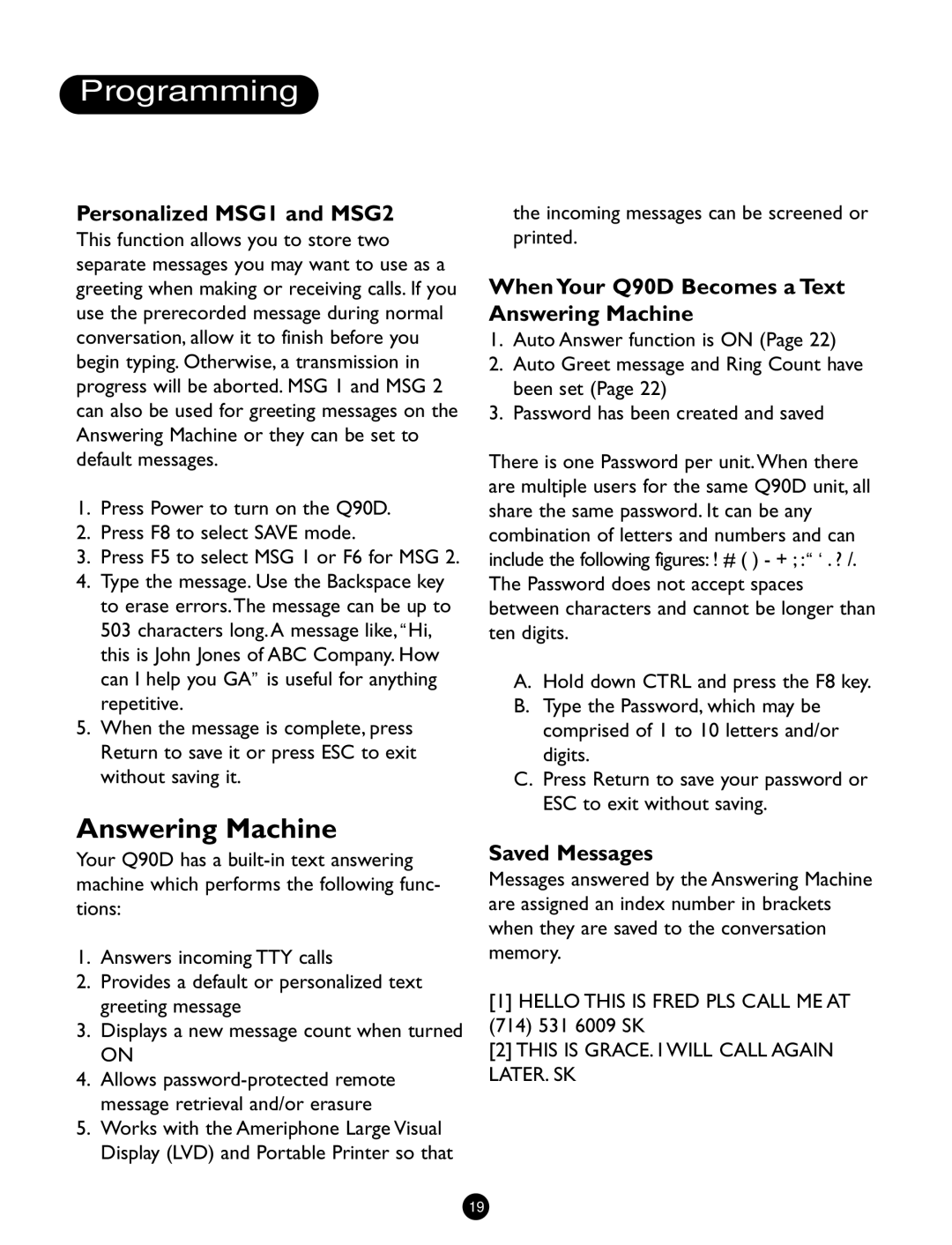 Ameriphone Personalized MSG1 and MSG2, When Your Q90D Becomes a Text Answering Machine, Saved Messages 