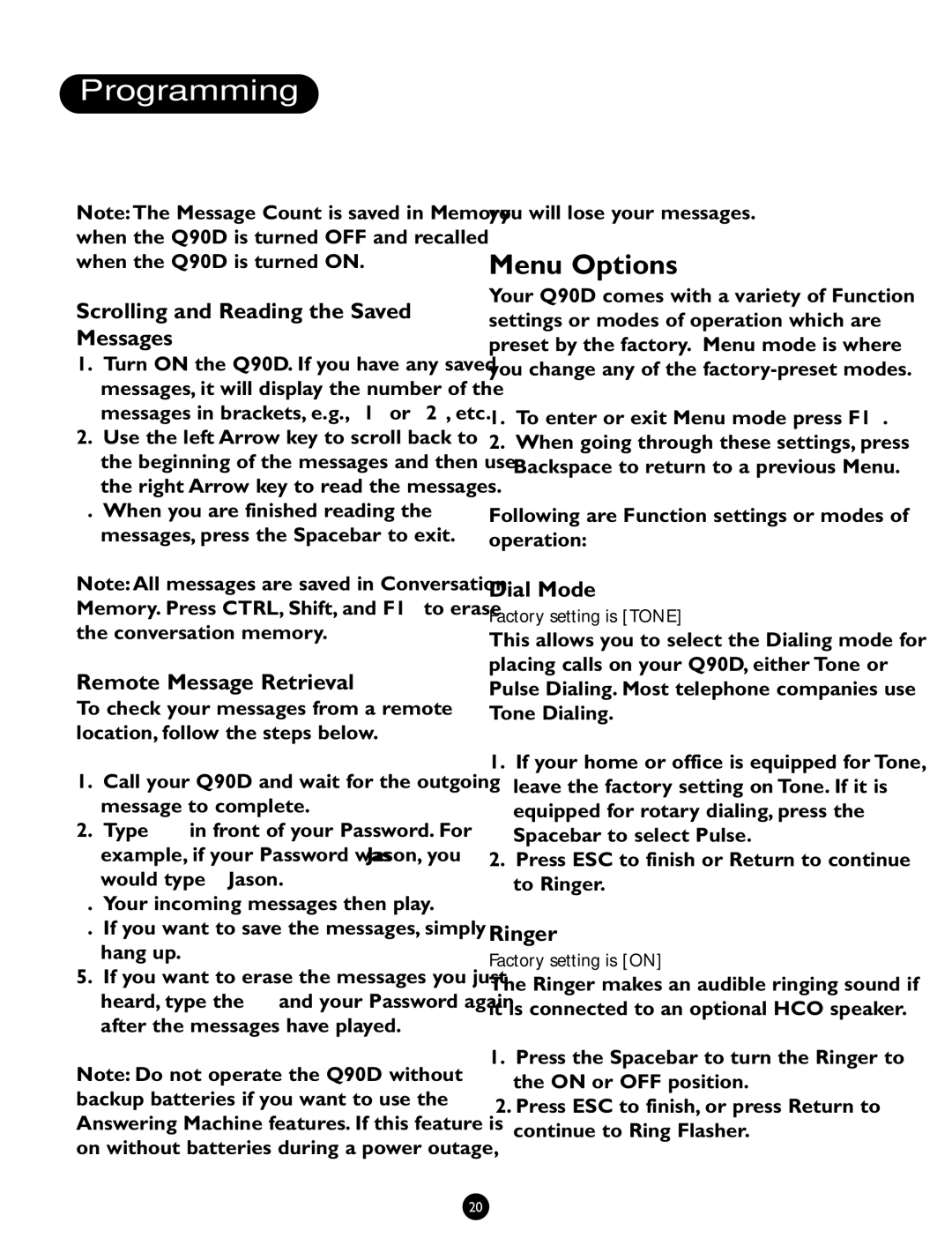 Ameriphone Q90D Menu Options, Scrolling and Reading the Saved Messages, Remote Message Retrieval, Dial Mode, Ringer 