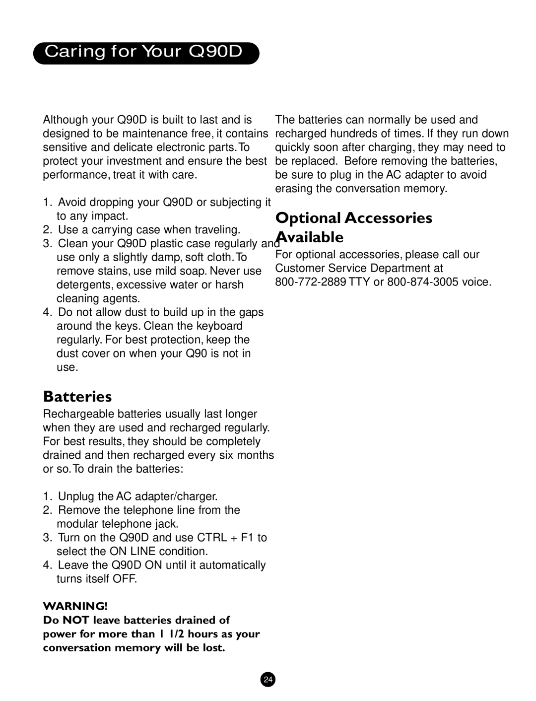 Ameriphone operating instructions Caring for Your Q90D, Batteries, Optional Accessories Available 