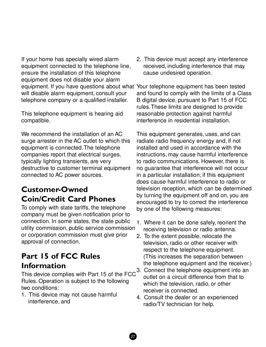 Ameriphone Q90D operating instructions Part 15 of FCC Rules Information, This telephone equipment is hearing aid compatible 