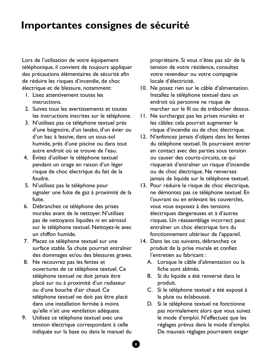 Ameriphone Q90D Lors de l’utilisation de votre équipement, Lisez attentivement toutes les instructions 