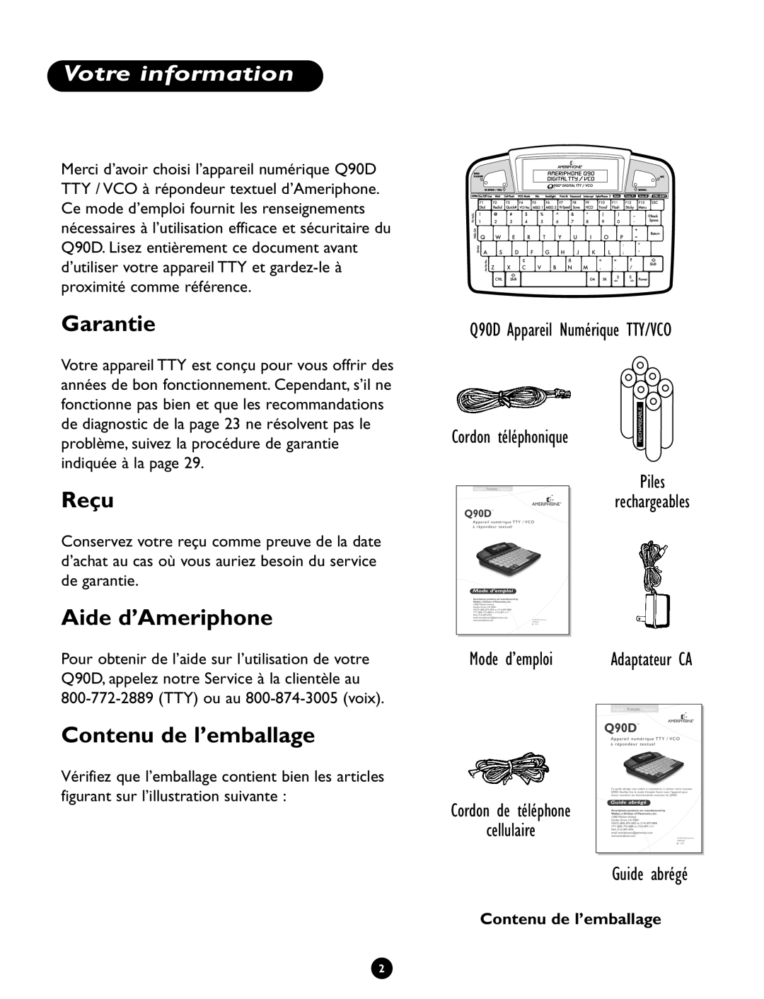 Ameriphone Q90D operating instructions Votre information, Garantie, Reçu, Aide d’Ameriphone, Contenu de l’emballage 