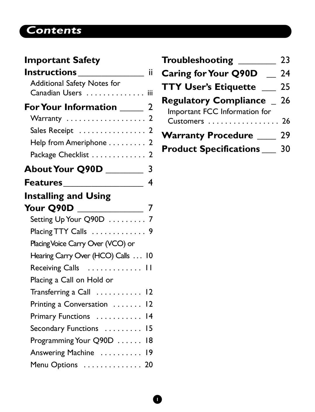 Ameriphone Q90D operating instructions Contents 