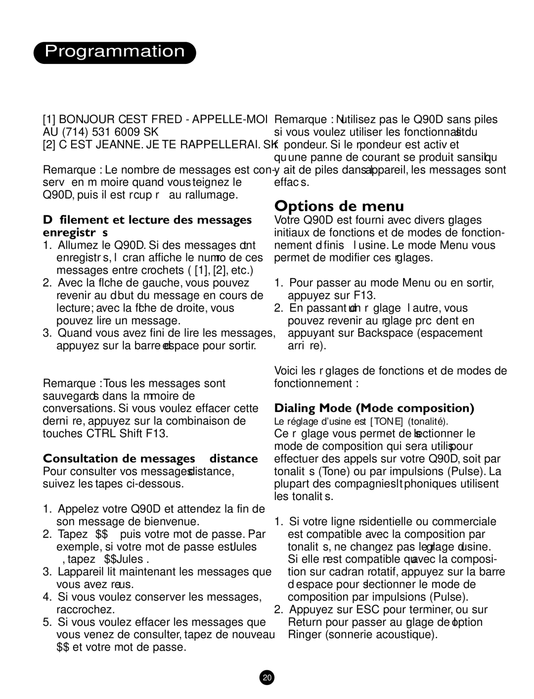 Ameriphone Q90D Options de menu, Défilement et lecture des messages enregistrés, Consultation de messages à distance 