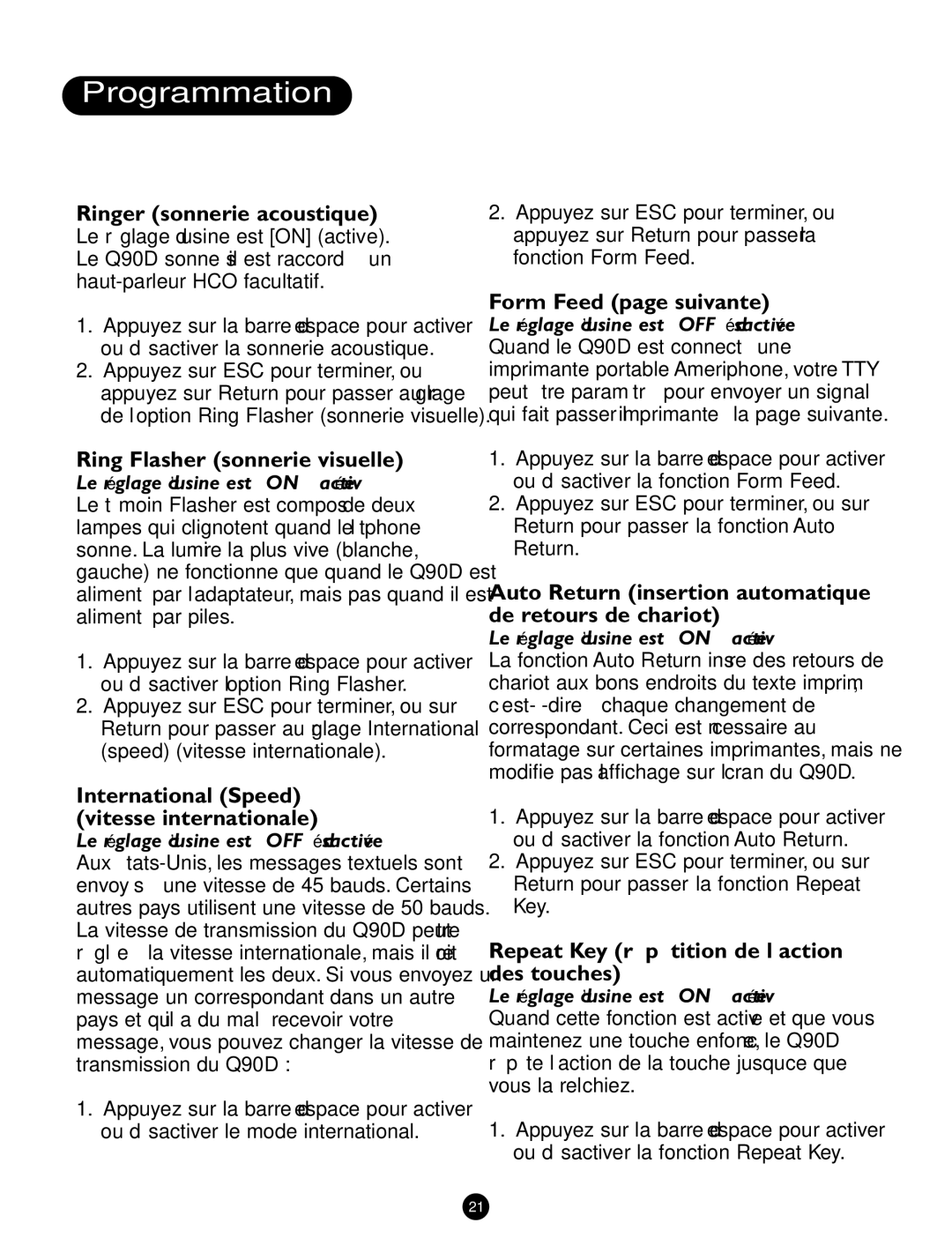 Ameriphone Q90D operating instructions Ringer sonnerie acoustique, Ring Flasher sonnerie visuelle, Form Feed page suivante 