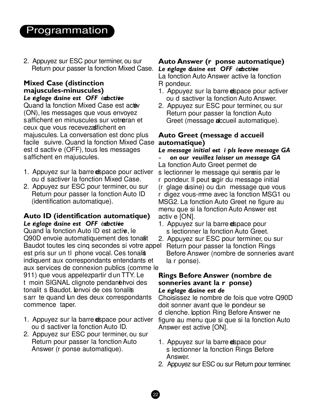 Ameriphone Q90D operating instructions Auto ID identification automatique, Auto Answer réponse automatique 