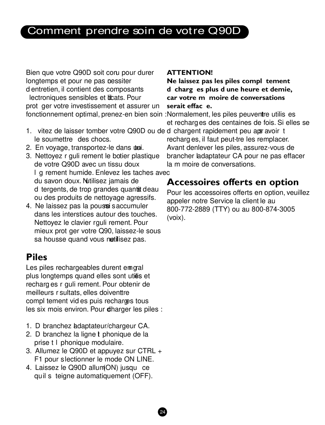 Ameriphone operating instructions Comment prendre soin de votre Q90D, Accessoires offerts en option, Piles 