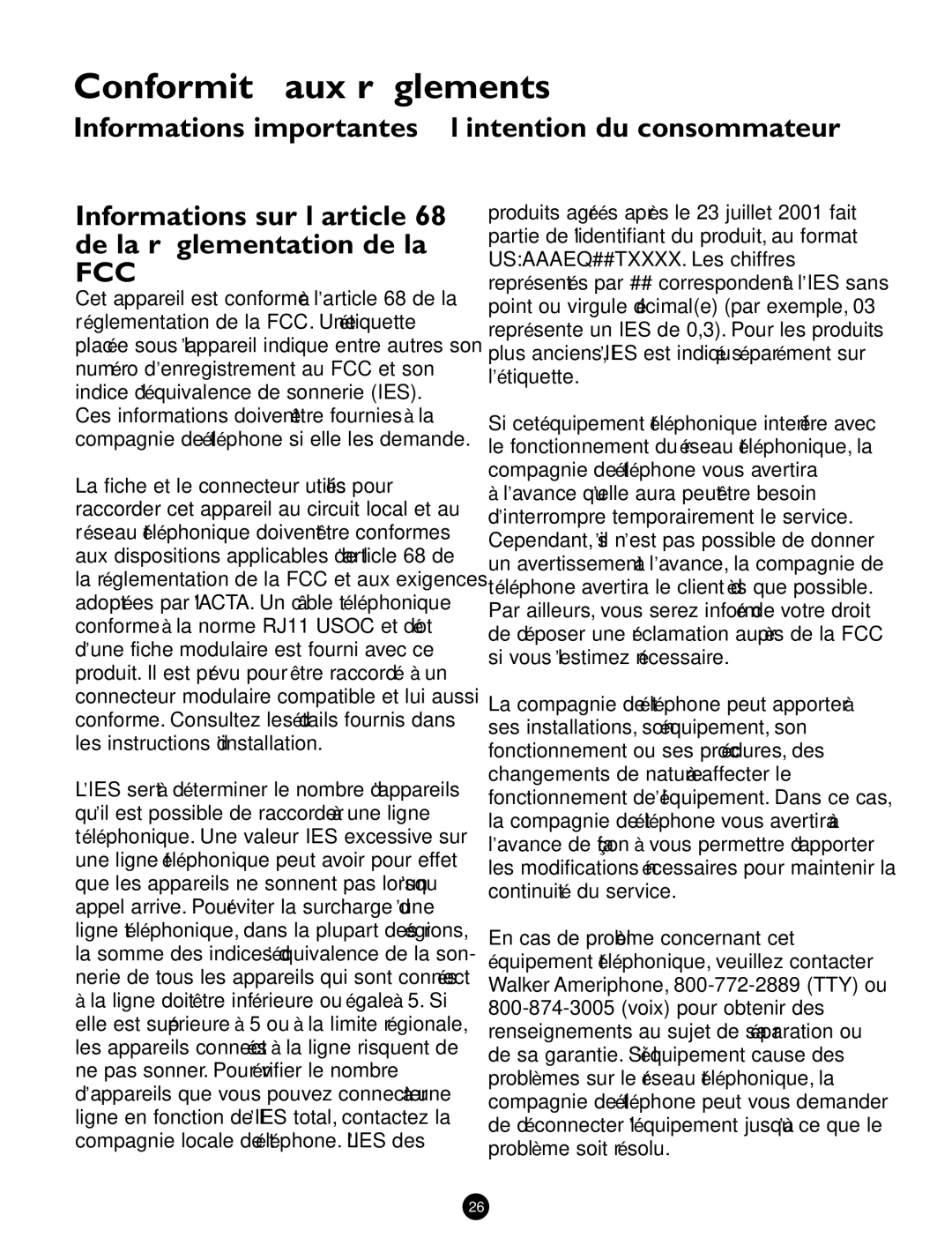 Ameriphone Q90D Informations importantes à l’intention du consommateur, ’avance qu’elle aura peut-être besoin 