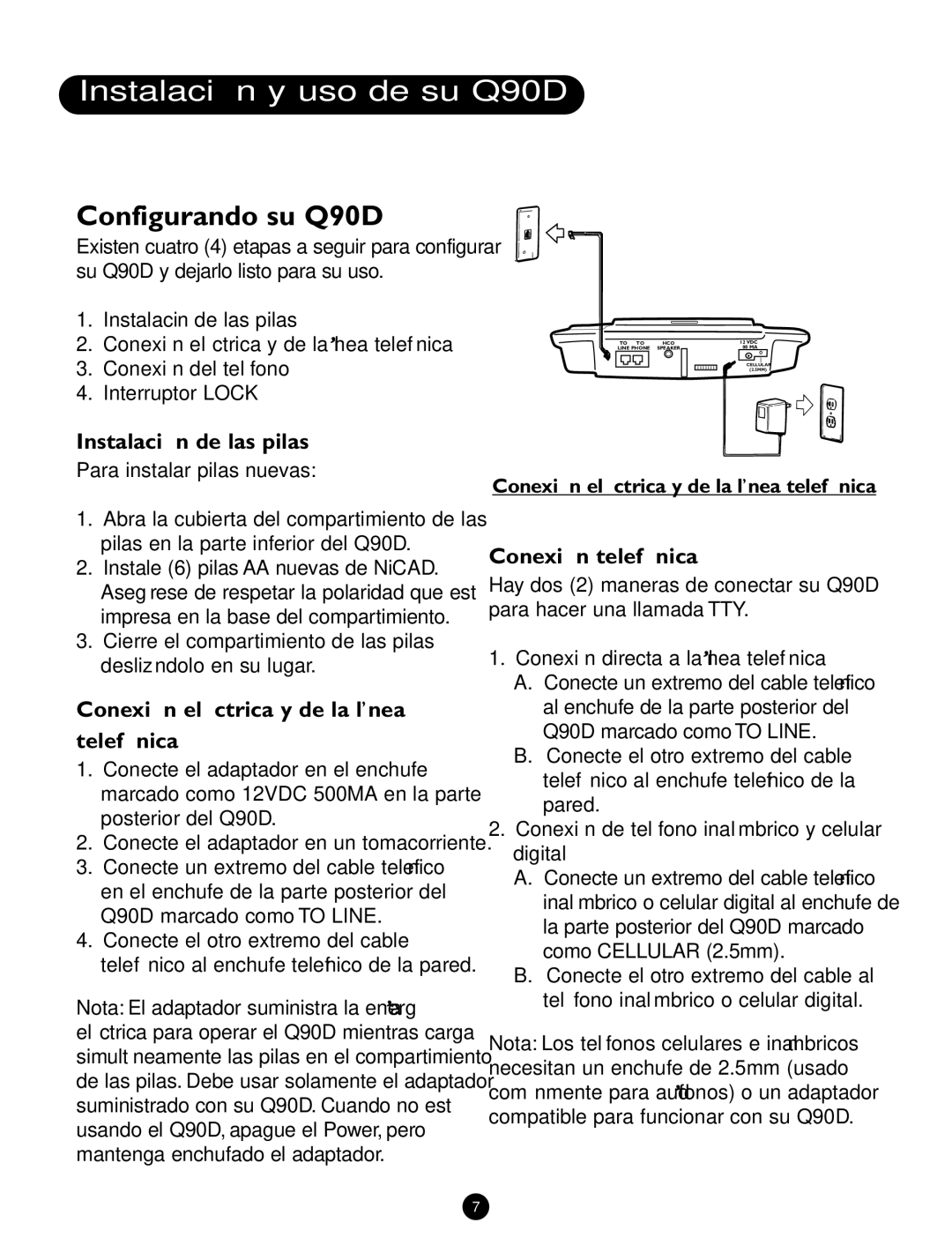 Ameriphone Instalación y uso de su Q90D, Configurando su Q90D, Instalación de las pilas, Conexión telefónica 