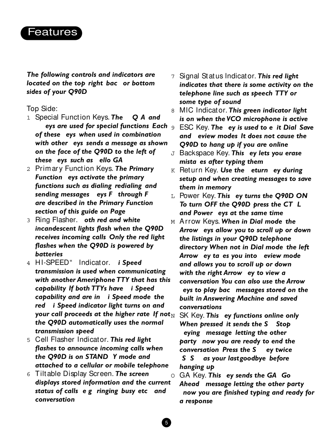 Ameriphone Q90D operating instructions Top Side 