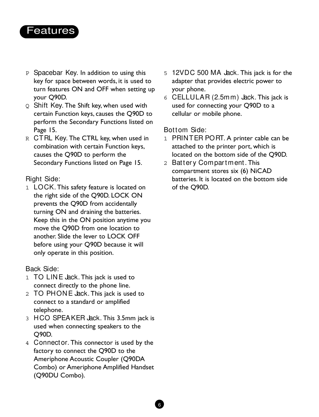 Ameriphone Q90D operating instructions Right Side, Back Side 