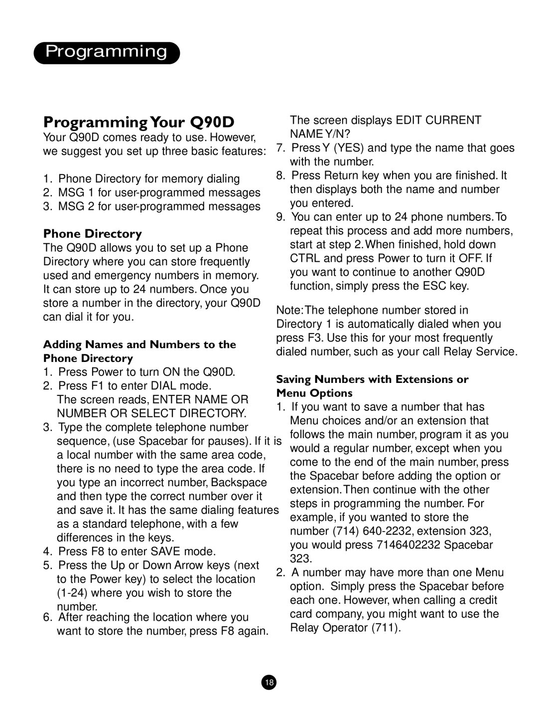 Ameriphone operating instructions Programming Your Q90D, Adding Names and Numbers to the Phone Directory 