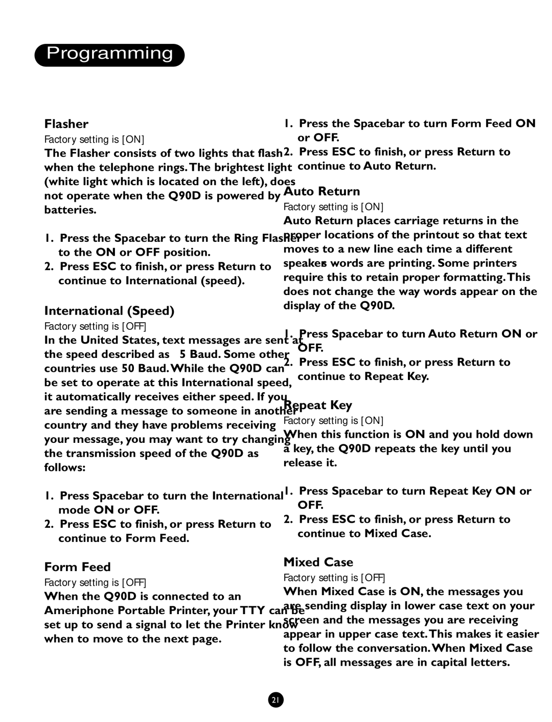 Ameriphone Q90D operating instructions Flasher, International Speed, Auto Return, Repeat Key, Form Feed, Mixed Case 