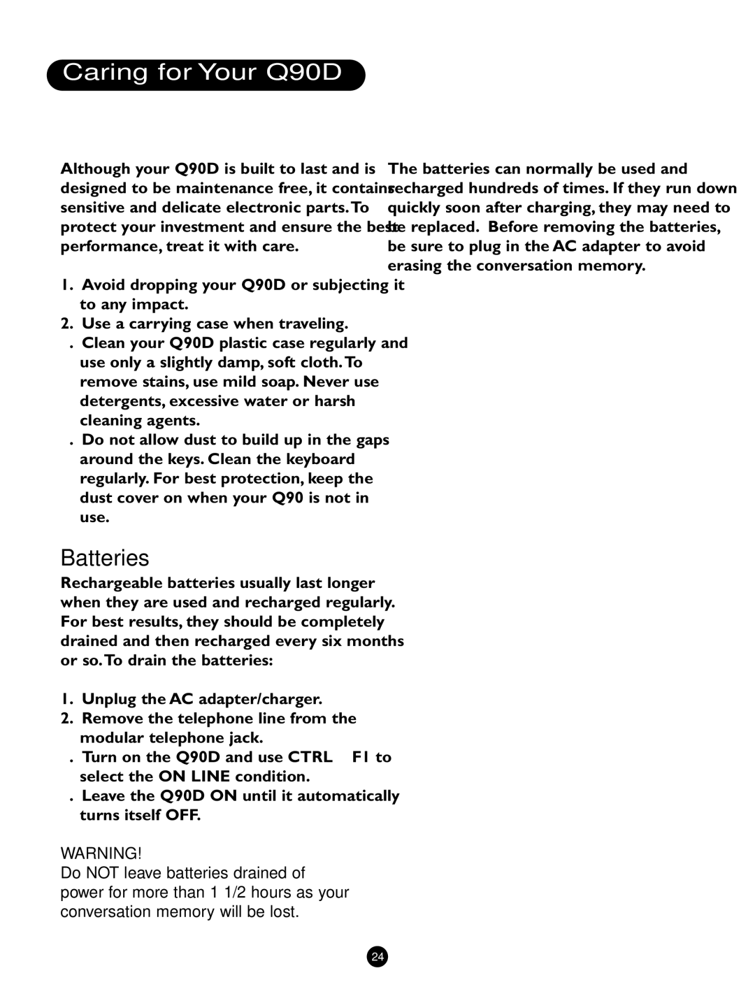 Ameriphone operating instructions Caring for Your Q90D, Batteries 