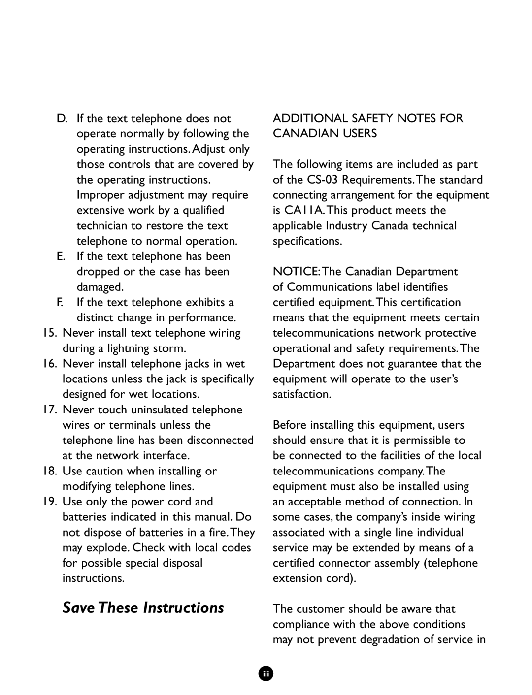 Ameriphone Q90D operating instructions Additional Safety Notes for Canadian Users 