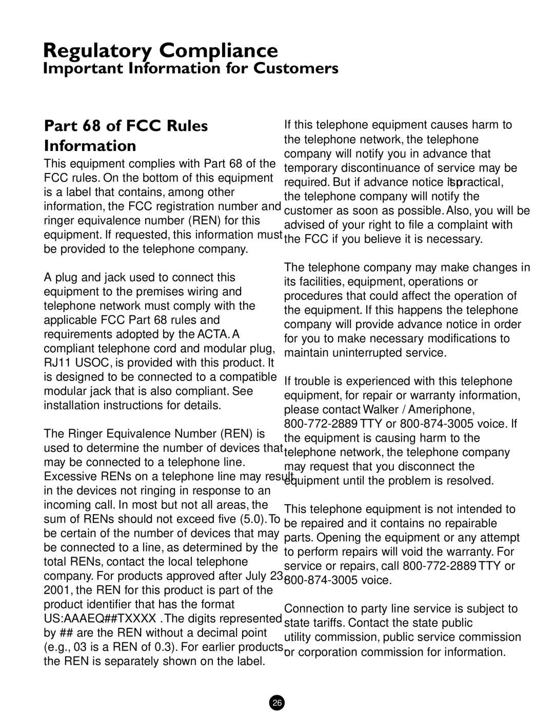 Ameriphone Q90D operating instructions Regulatory Compliance, Important Information for Customers Part 68 of FCC Rules 