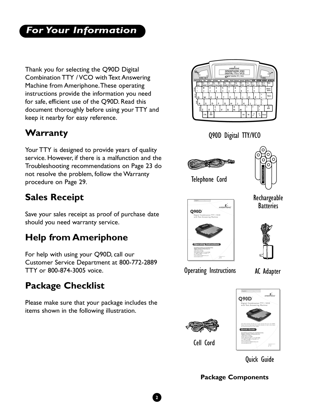 Ameriphone Q90D For Your Information, Warranty, Sales Receipt, Help from Ameriphone, Package Checklist 