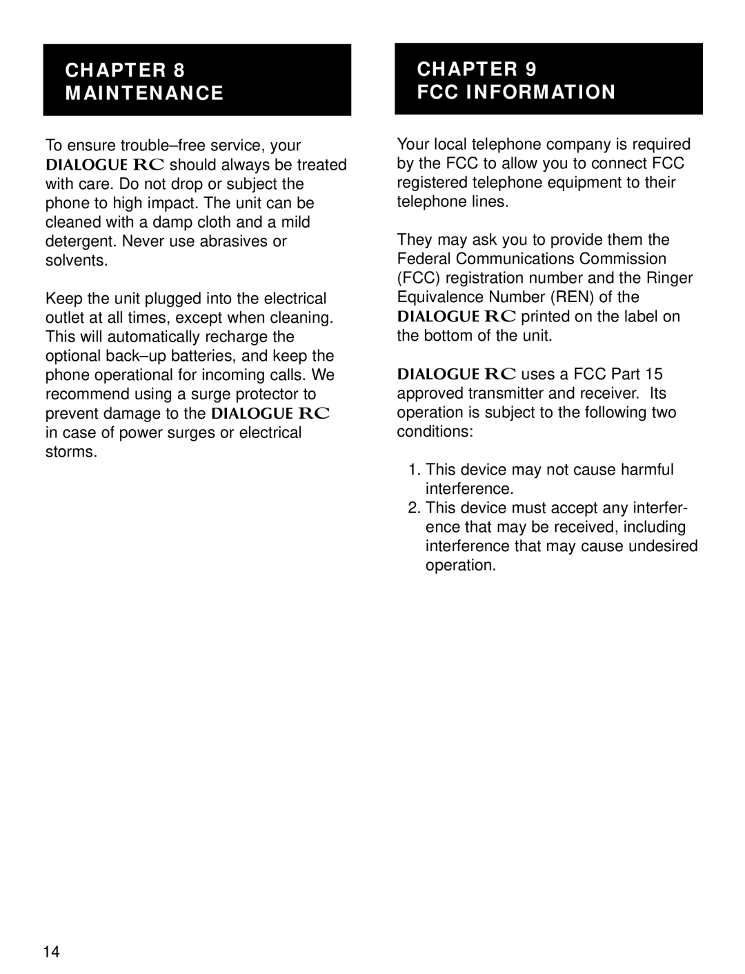 Ameriphone RC-100, RC-200 operating instructions Chapter Maintenance FCC Information 