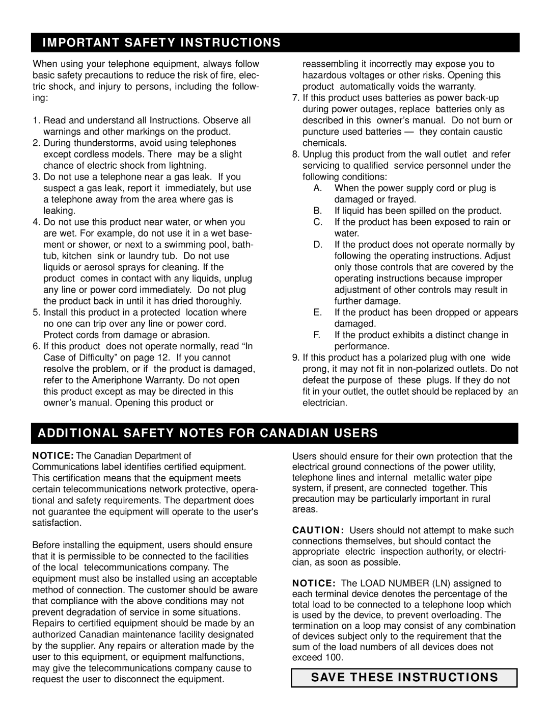 Ameriphone RC-100, RC-200 operating instructions Important Safety Instructions 