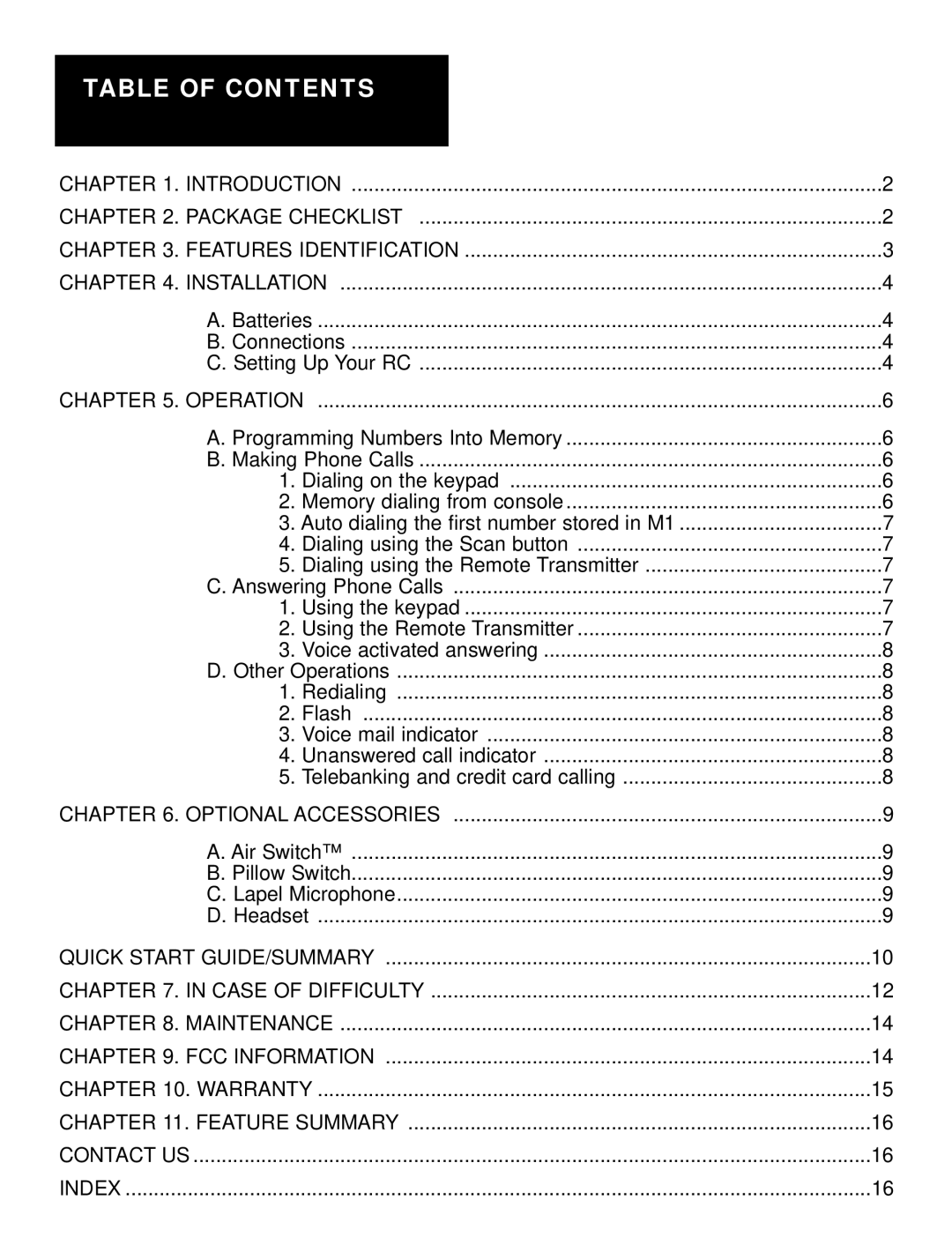 Ameriphone RC-200, RC-100 operating instructions Table of Contents 