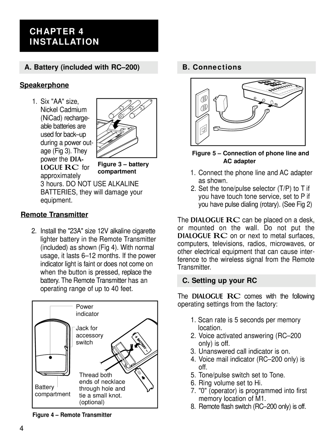 Ameriphone RC-100 Chapter Installation, Battery included with RC-200 Speakerphone, Remote Transmitter, Connections 