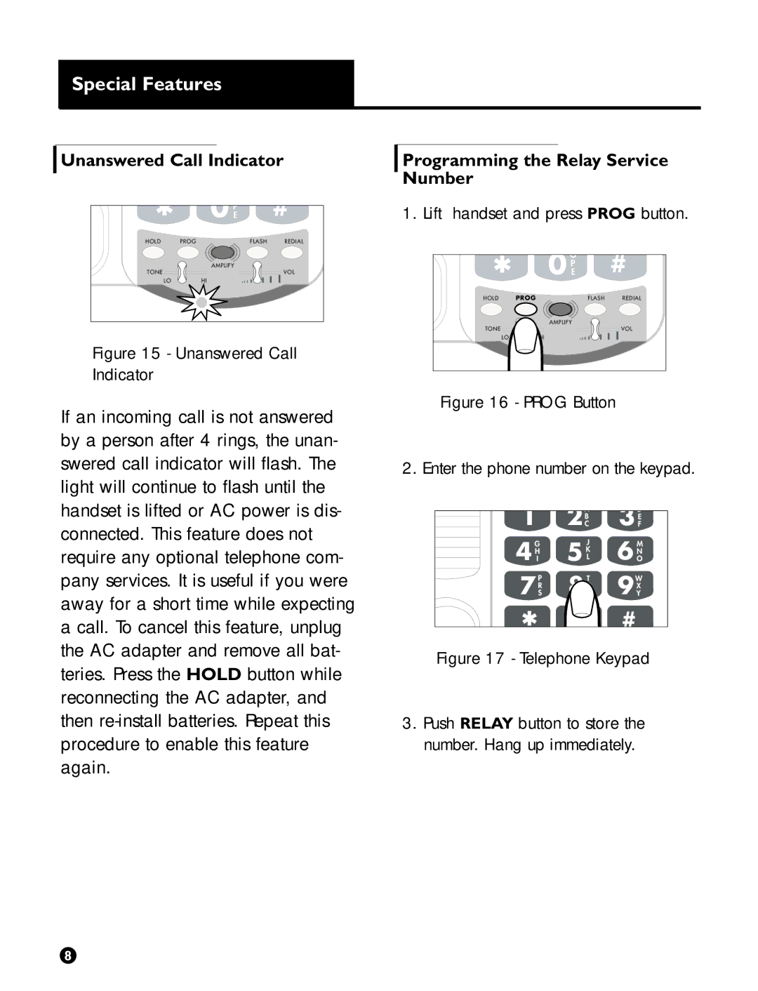 Ameriphone VCO operating instructions Special Features, Unanswered Call Indicator, Programming the Relay Service Number 