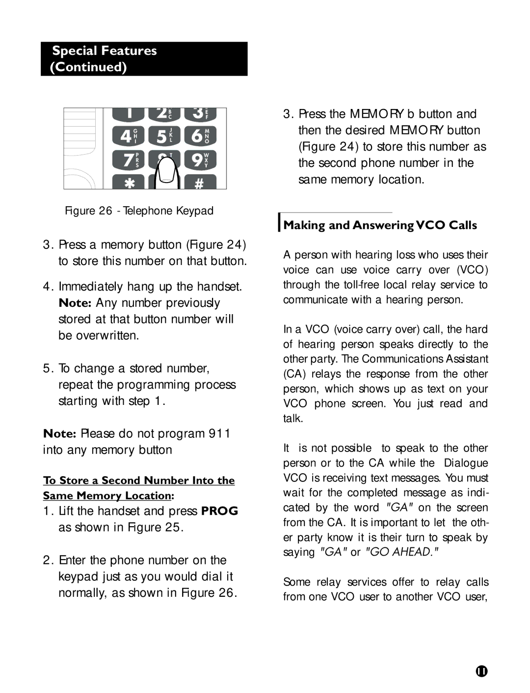 Ameriphone operating instructions Making and Answering VCO Calls, To Store a Second Number Into the Same Memory Location 