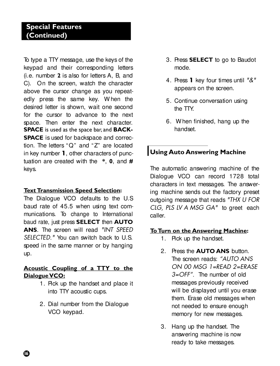 Ameriphone VCO Using Auto Answering Machine, Text Transmission Speed Selection, To Turn on the Answering Machine 