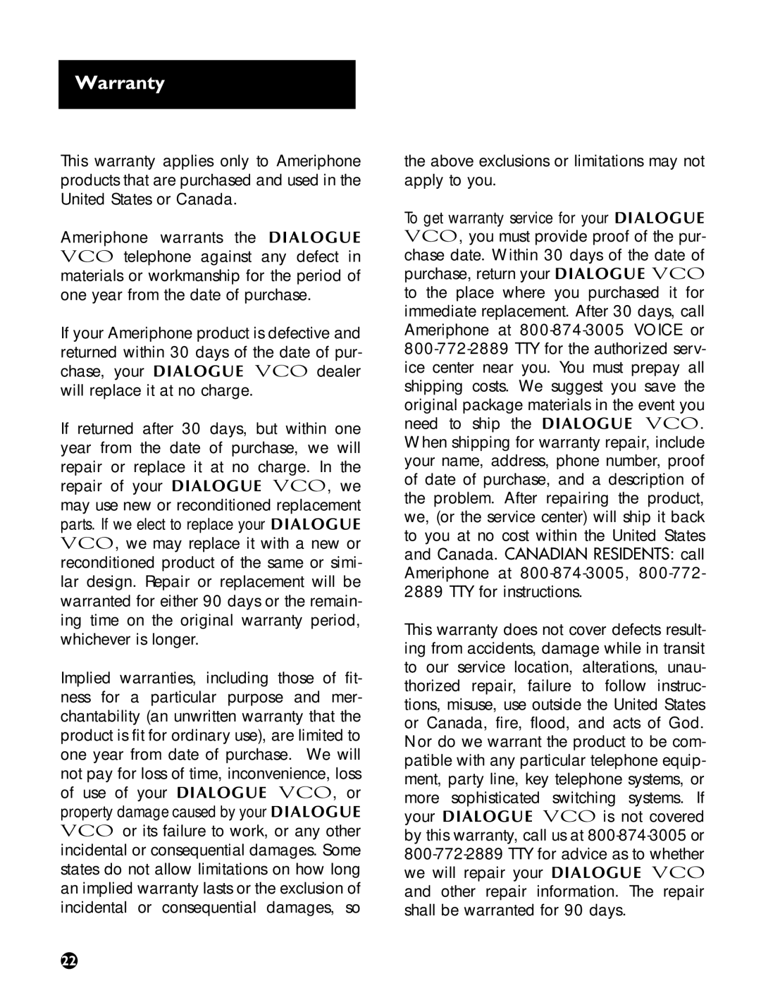 Ameriphone VCO operating instructions Warranty 