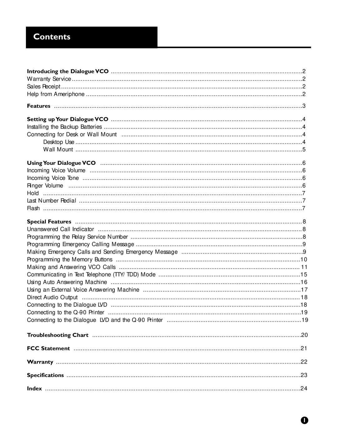 Ameriphone VCO operating instructions Contents 