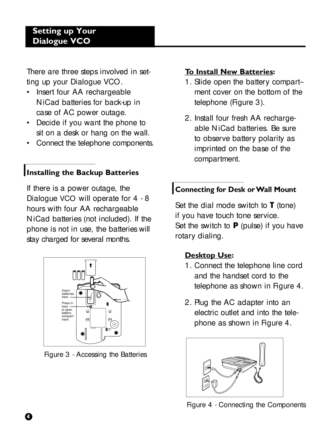 Ameriphone Setting up Your Dialogue VCO, Installing the Backup Batteries, To Install New Batteries, Desktop Use 