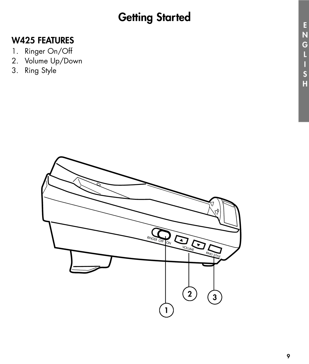 Ameriphone W425 manual Ringer On/Off Volume Up/Down Ring Style 