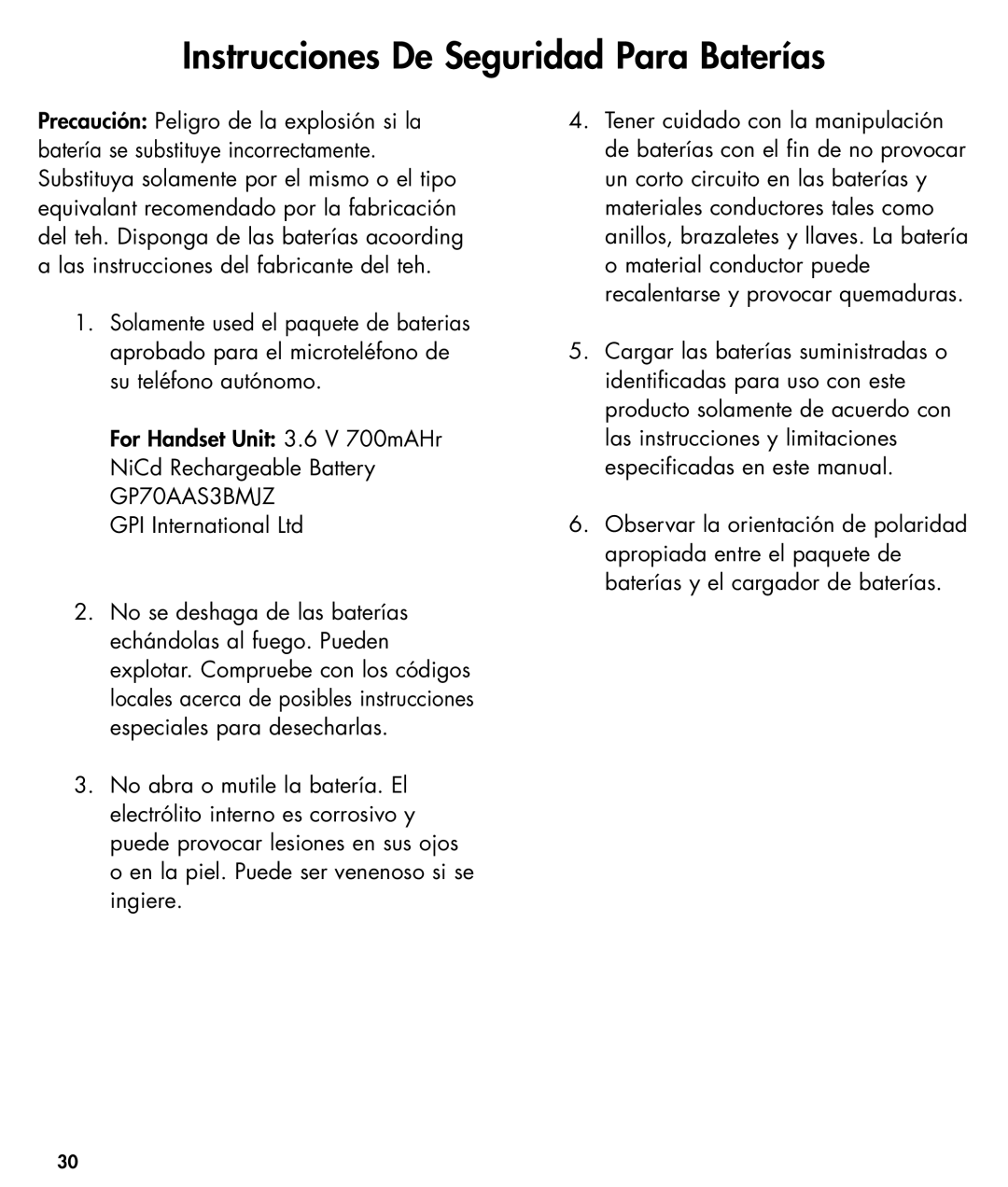 Ameriphone W425 manual Instrucciones De Seguridad Para Baterías 