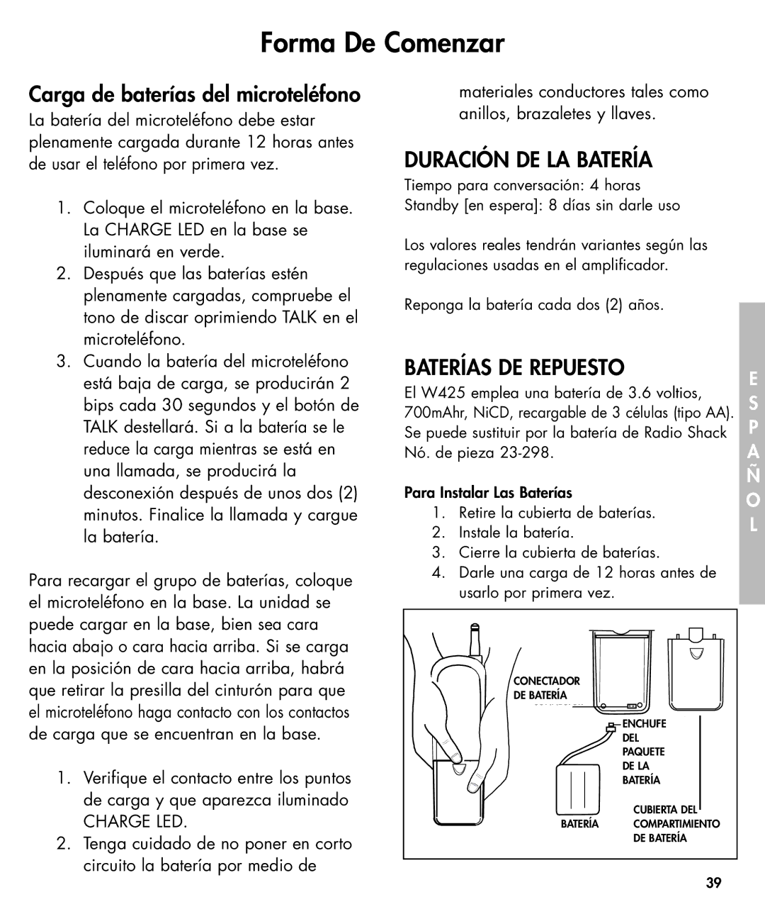 Ameriphone W425 manual Duración DE LA Batería, Baterías DE Repuesto 