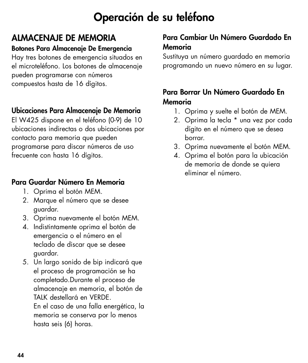 Ameriphone W425 Almacenaje DE Memoria, Para Cambiar Un Número Guardado En Memoria, Ubicaciones Para Almacenaje De Memoria 