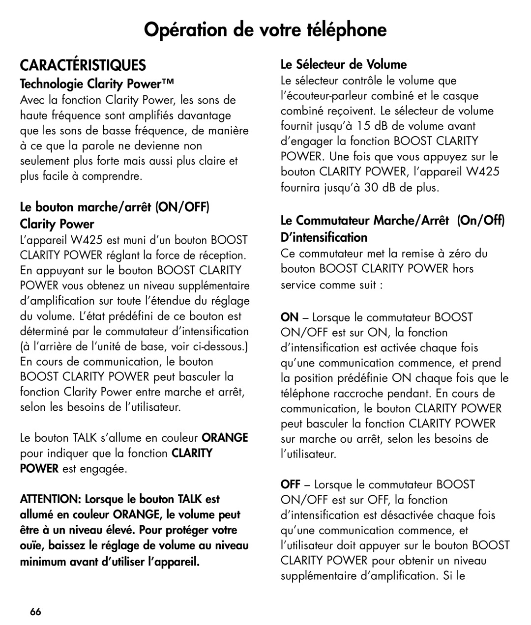 Ameriphone W425 manual Opération de votre téléphone, Caractéristiques 