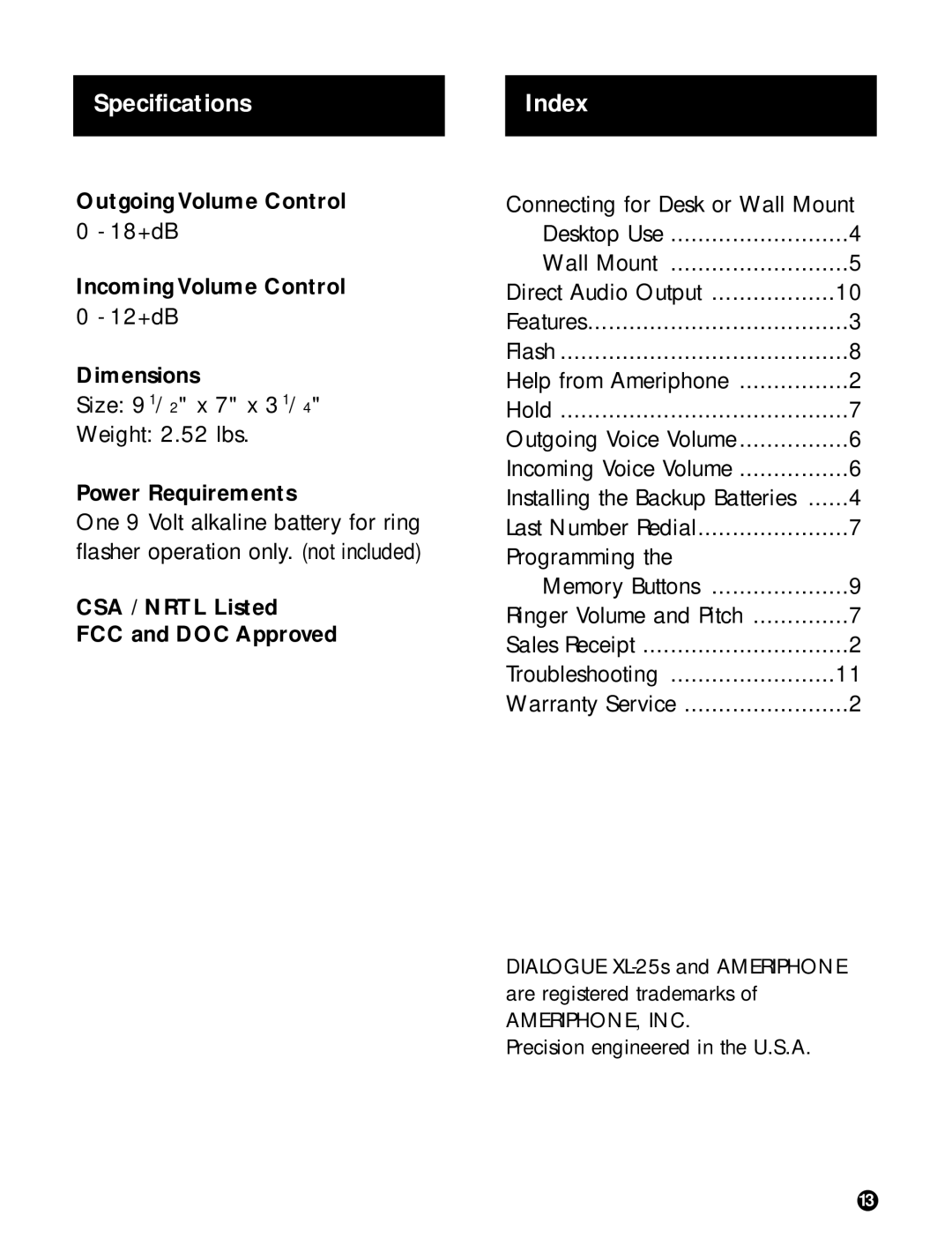 Ameriphone XL-25s operating instructions Specifications, Index 