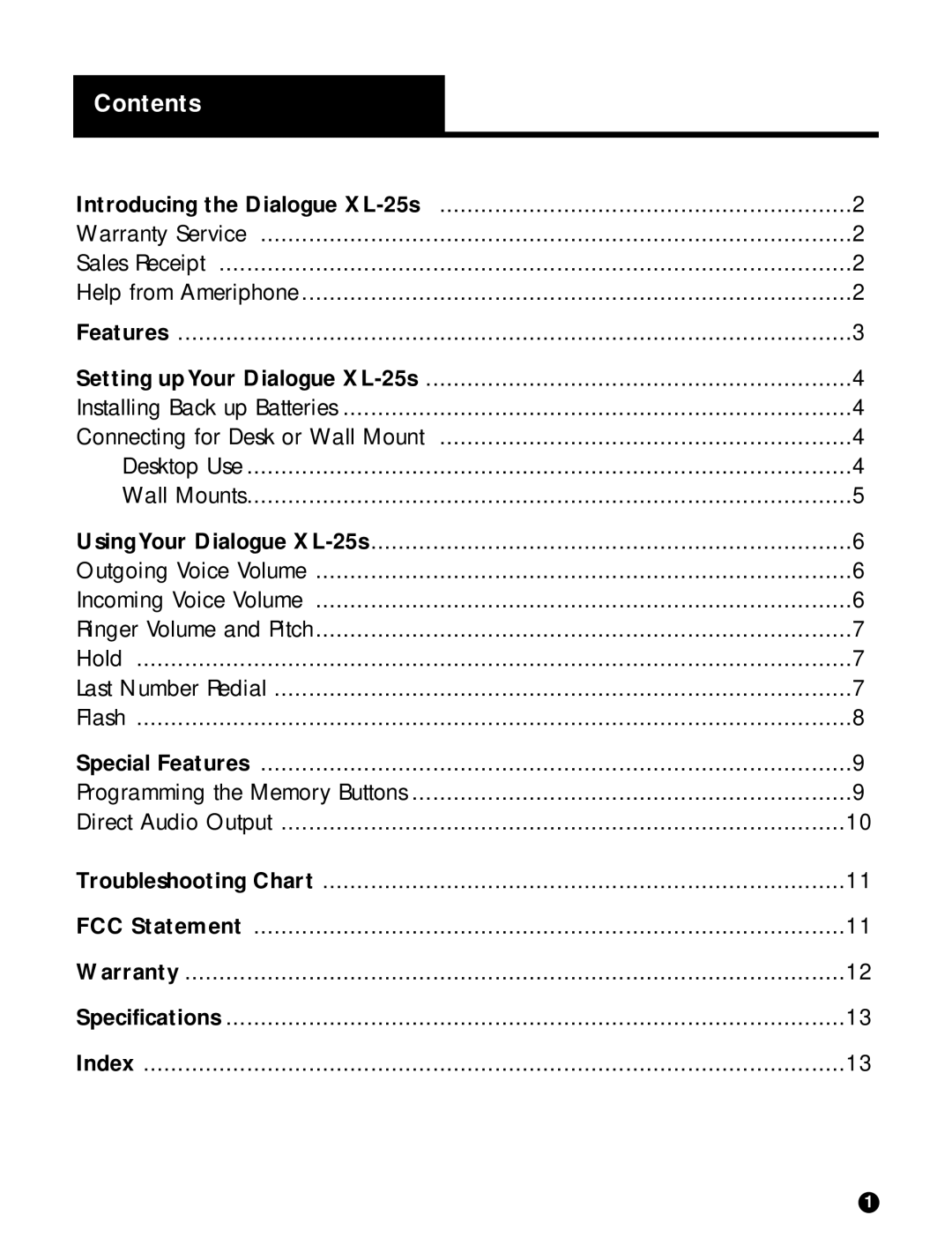 Ameriphone XL-25s operating instructions Contents 