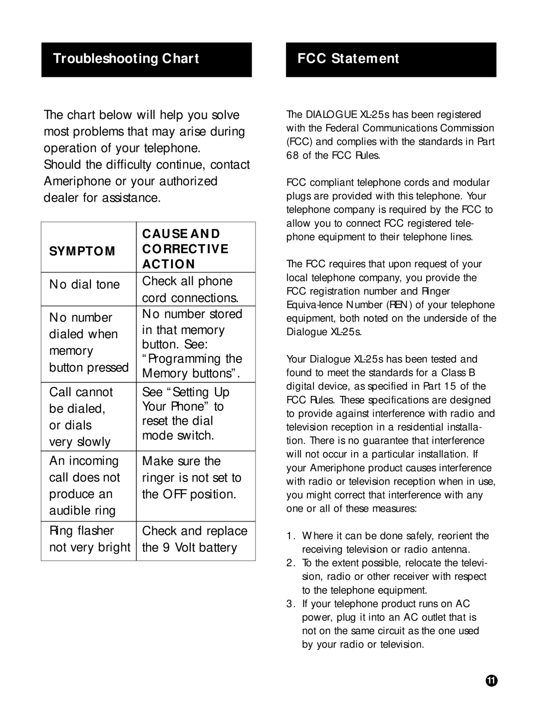 Ameriphone XL-25s operating instructions Troubleshooting Chart FCC Statement, Symptom Corrective Action 