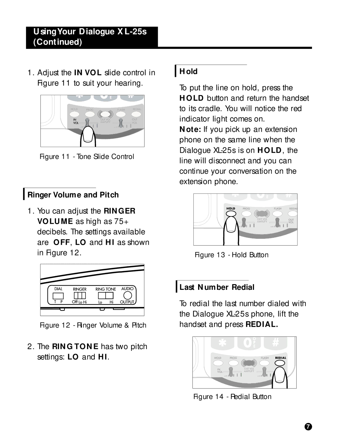 Ameriphone XL-25s operating instructions Ringer Volume and Pitch, Hold, Last Number Redial 