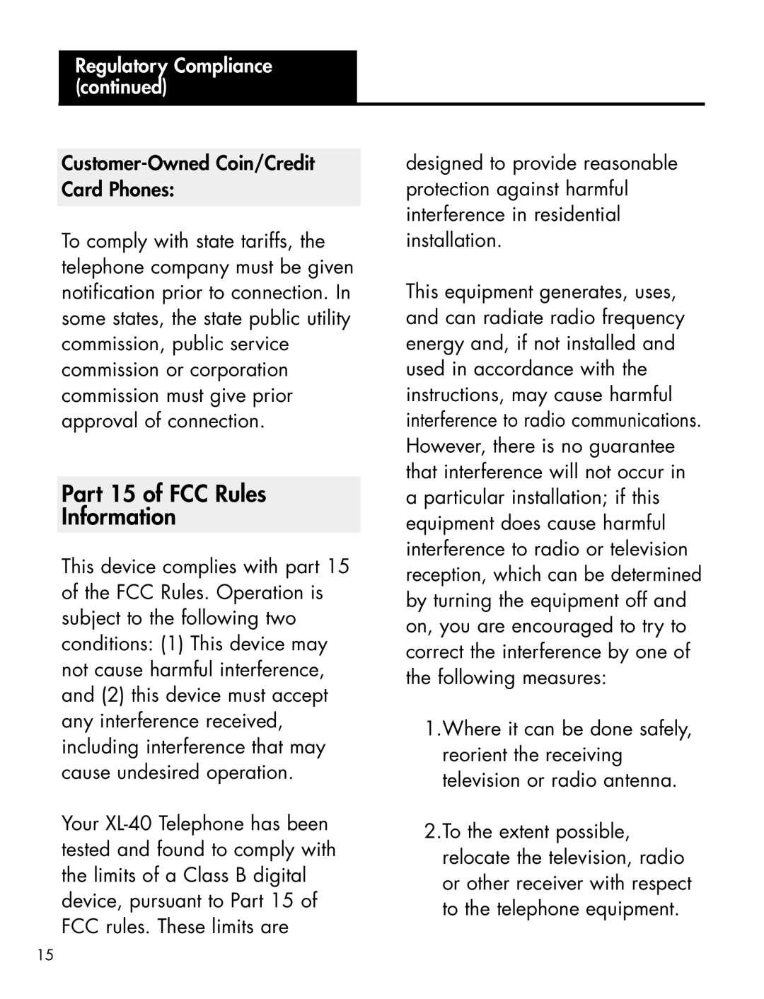 Ameriphone XL-40 manual Part 15 of FCC Rules Information 