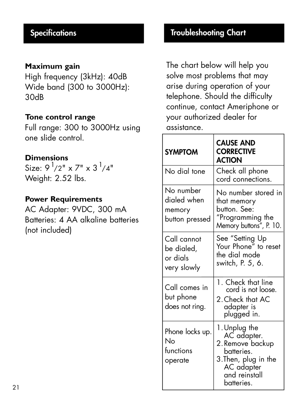 Ameriphone XL-40 manual Specifications, Troubleshooting Chart 