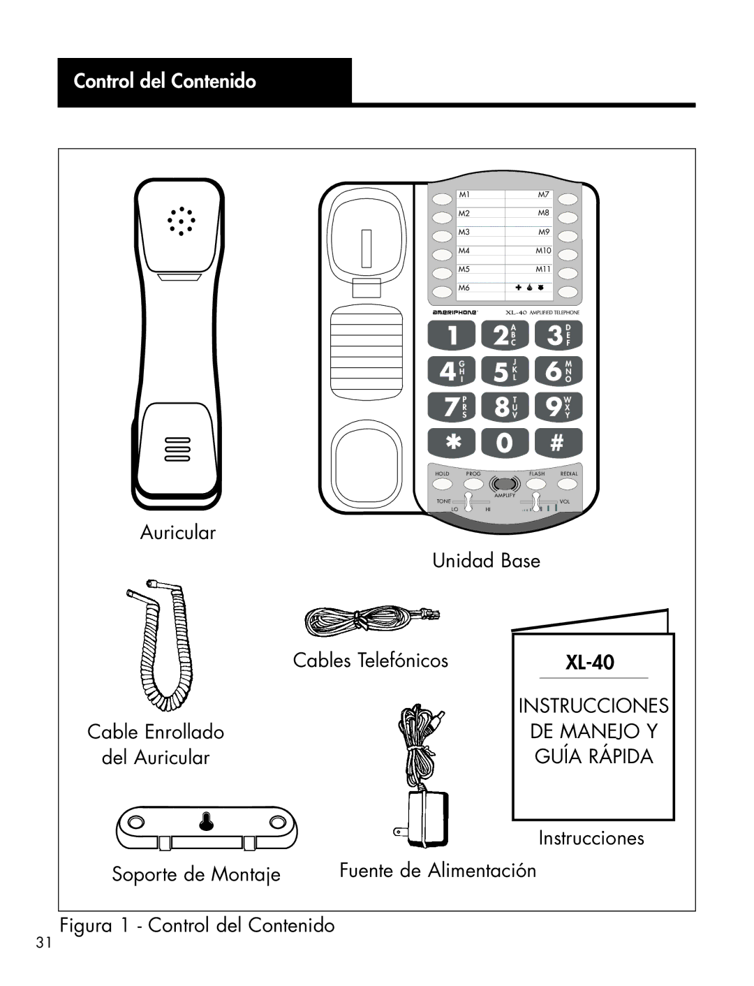 Ameriphone manual Control del Contenido, Auricular Unidad Base Cables Telefónicos XL-40, Cable Enrollado, Del Auricular 