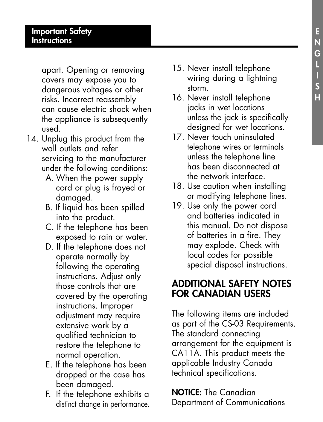 Ameriphone XL-40 manual Additional Safety Notes for Canadian Users 