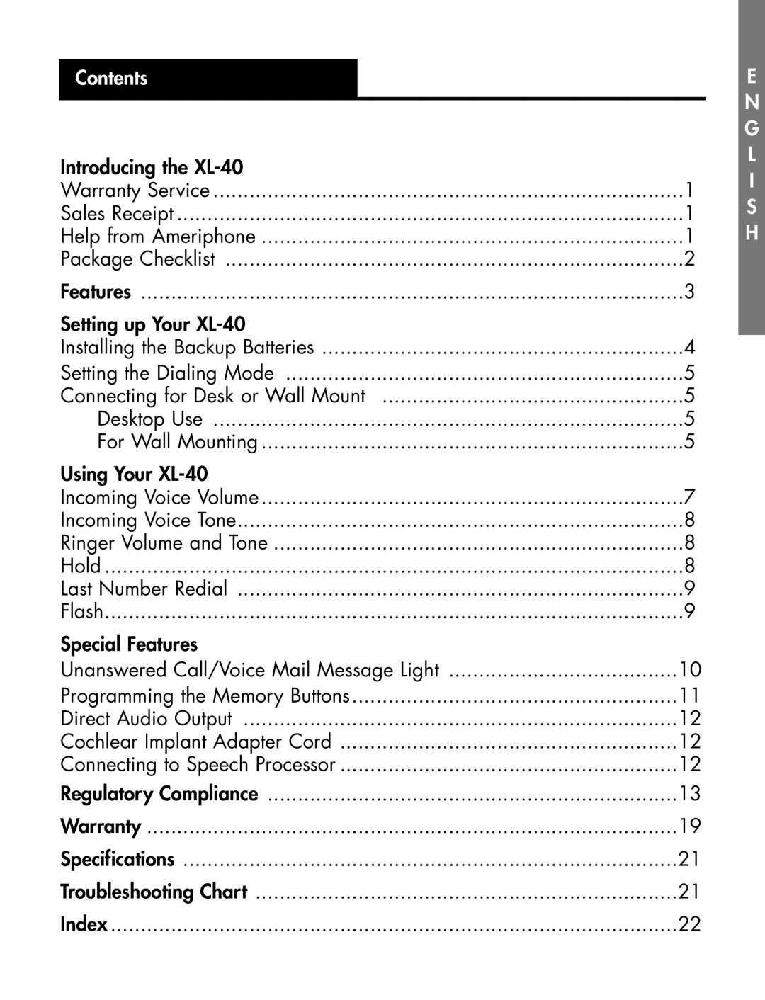 Ameriphone XL-40 manual Contents, L I S H 