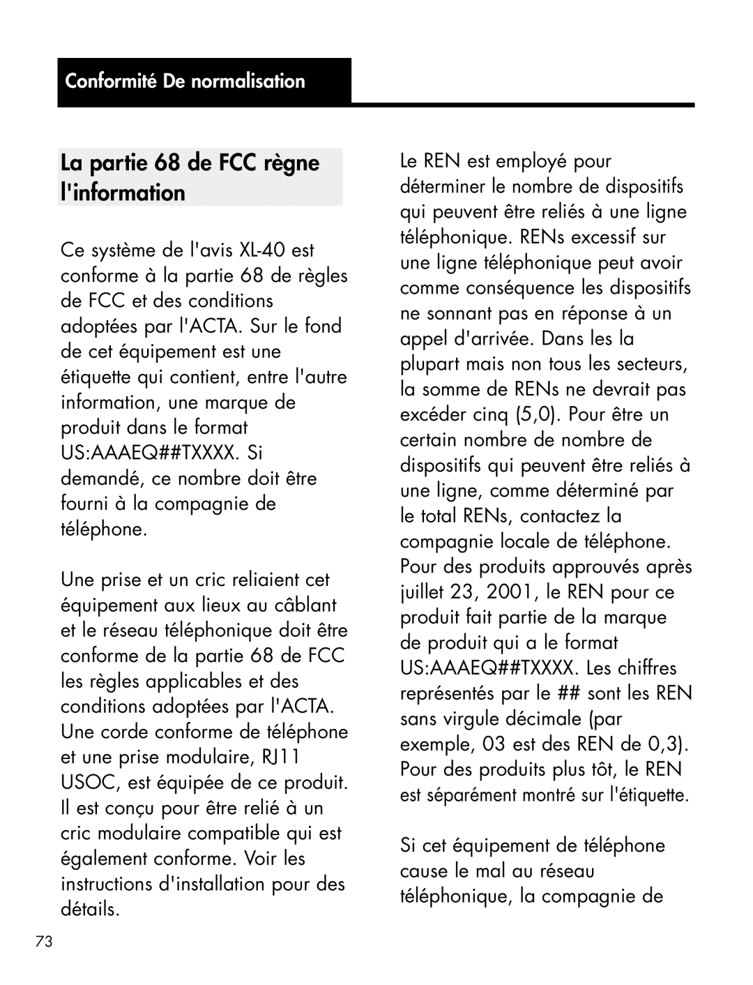 Ameriphone XL-40 manual La partie 68 de FCC règne linformation, Conformité De normalisation 