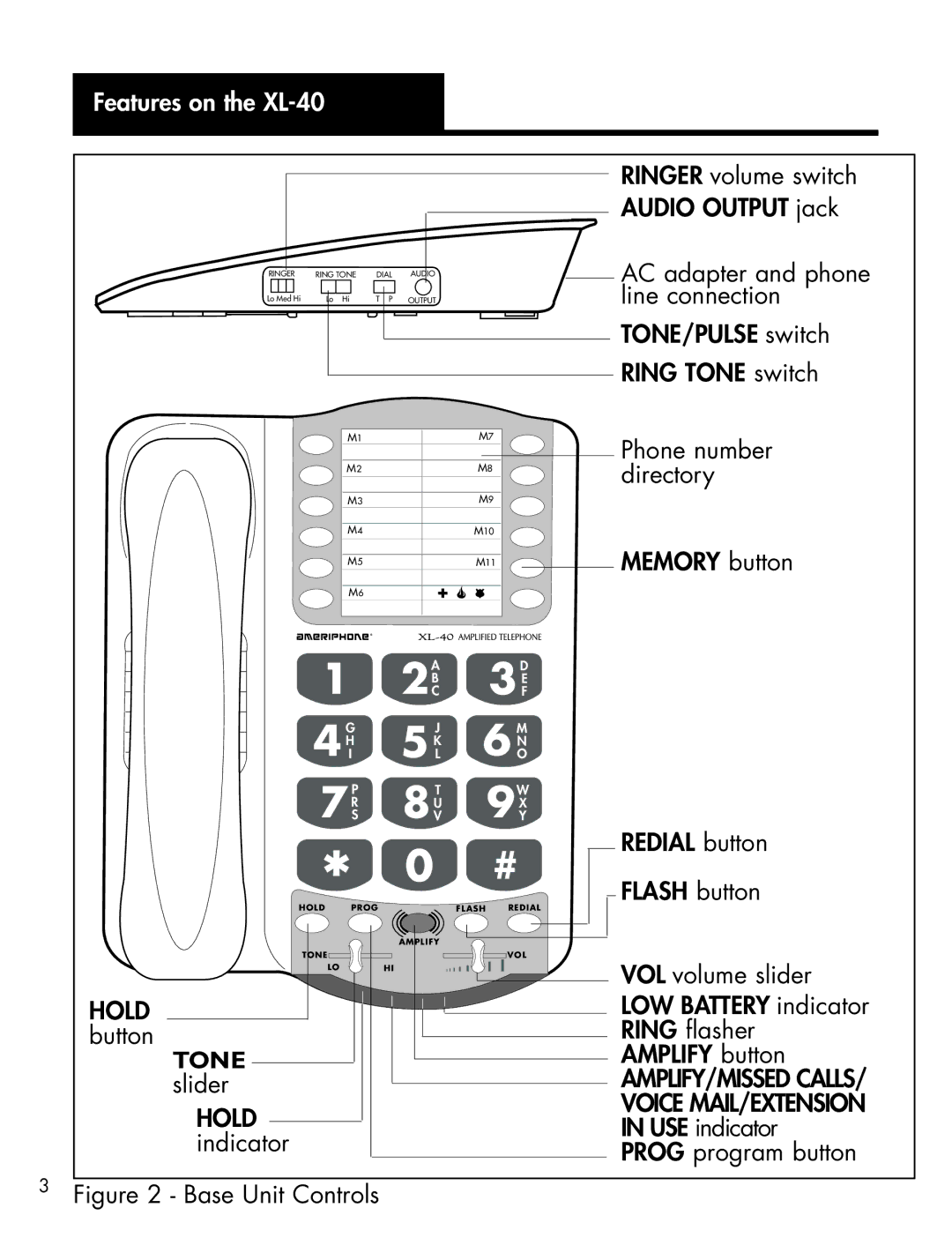 Ameriphone manual Features on the XL-40, Tone 