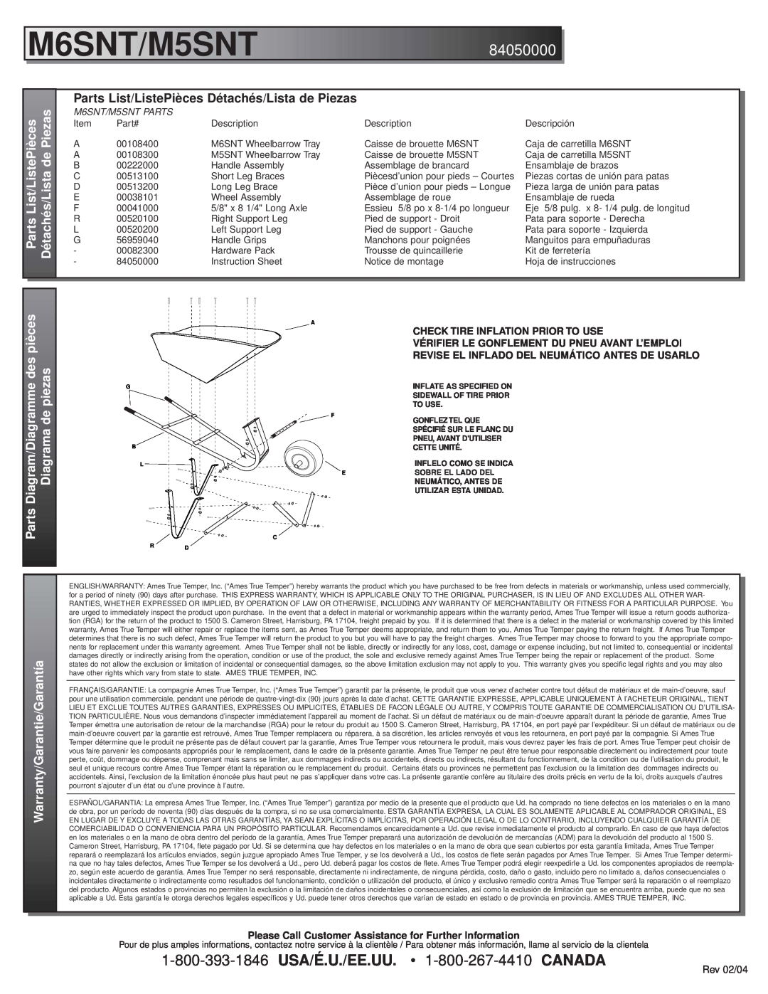 Ames True Temper M6SNT/M5SNT84050000, Parts List/ListePièces, Détachés/Lista de Piezas, Diagram/Diagramme des pièces 