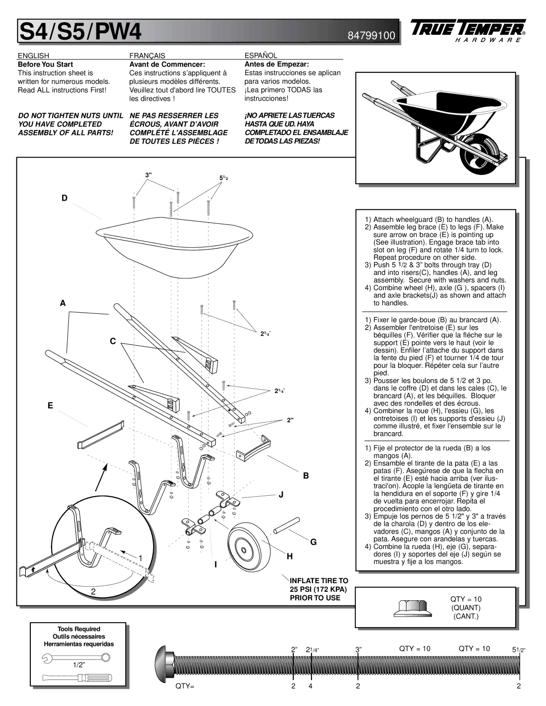 Ames True Temper instruction sheet S4/S5/PW4, 84799100, Before You Start Avant de Commencer Antes de Empezar 